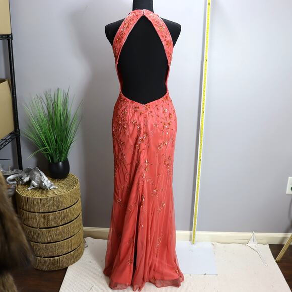 Lillie Rubin Coral Beaded Halter Gown Open Back Formal Dress Size L - Picture 2 of 5